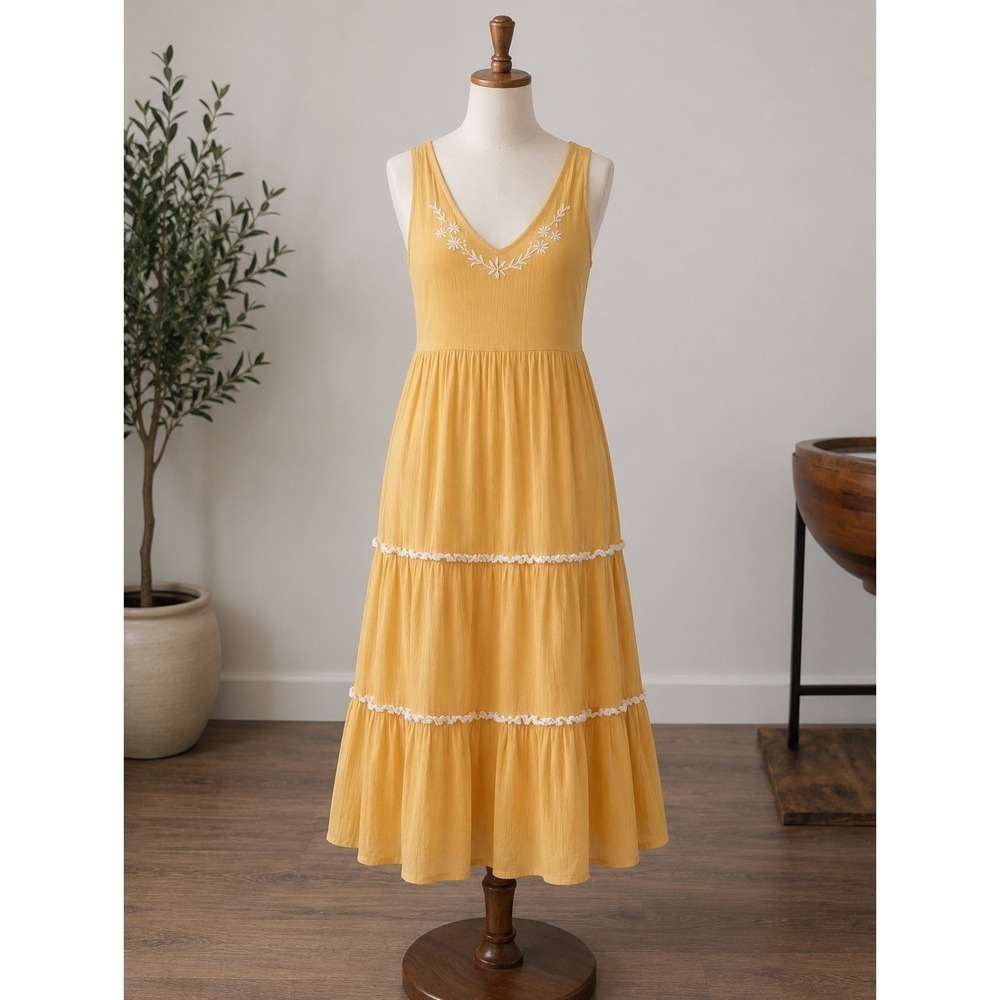 Whimsical Boho Flowy Tiered Butter Yellow Cottagecore Embroidered dress size 4